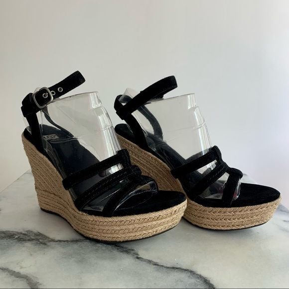 NWT UGG Australia strappy espadrille wedge sandals in black suede, with shoe box - Picture 2 of 7